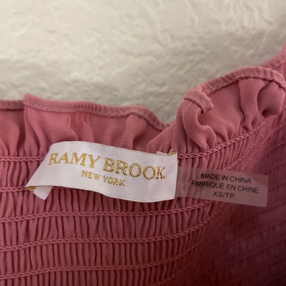 RAMY BROOK | Off The Shoulder Anita Smocked Ruffled Midi Dress in Pink | Size XS - Picture 7 of 9